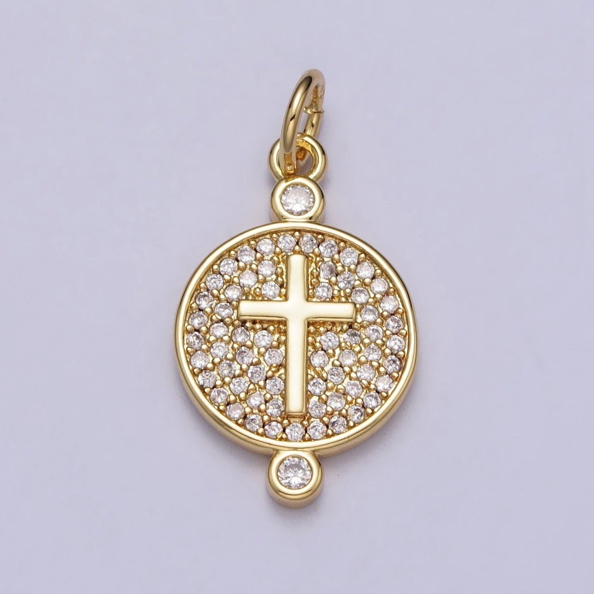 Gold, Silver Double Sided Religious Latin Cross Sunburst Lined Micro Paved CZ Round Charm | AC983 AC989