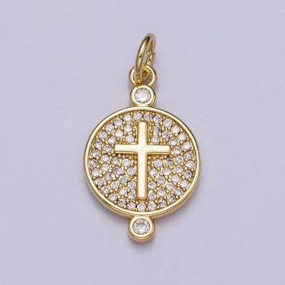 Gold, Silver Double Sided Religious Latin Cross Sunburst Lined Micro Paved CZ Round Charm | AC983 AC989
