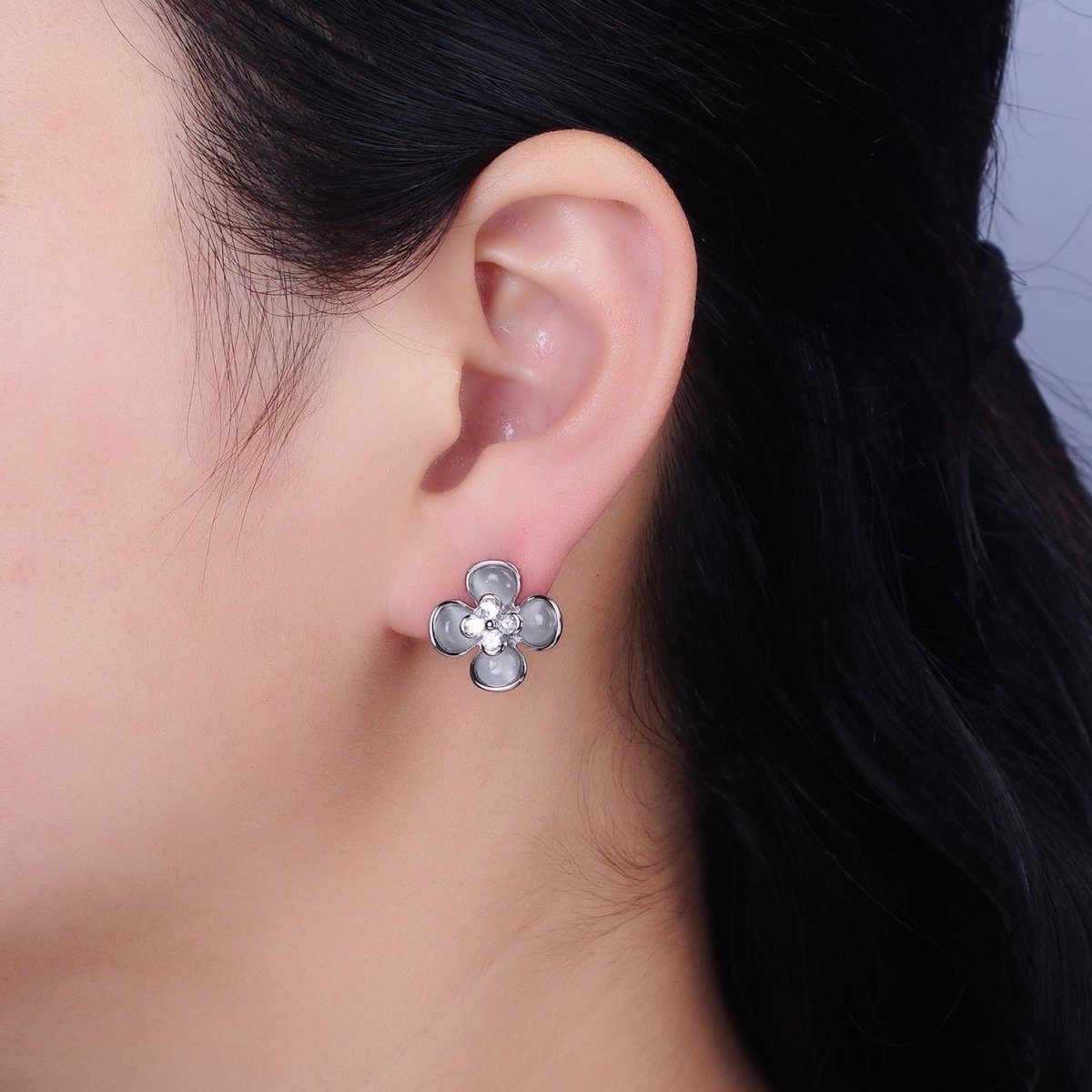 Gold, Silver Flower Cats Eye Gemstone Micro Paved CZ Stud Earrings | AD954 AD955