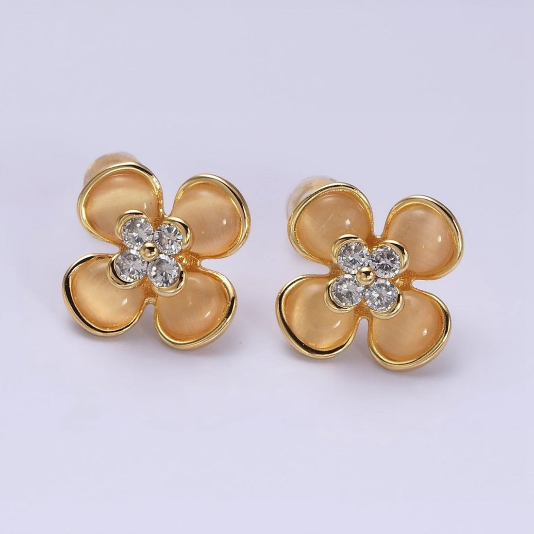 Gold, Silver Flower Cats Eye Gemstone Micro Paved CZ Stud Earrings | AD954 AD955
