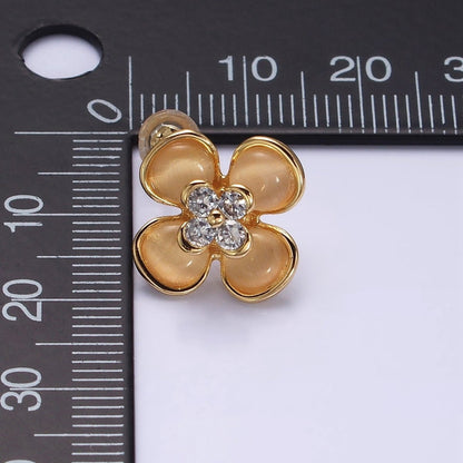 Gold, Silver Flower Cats Eye Gemstone Micro Paved CZ Stud Earrings | AD954 AD955
