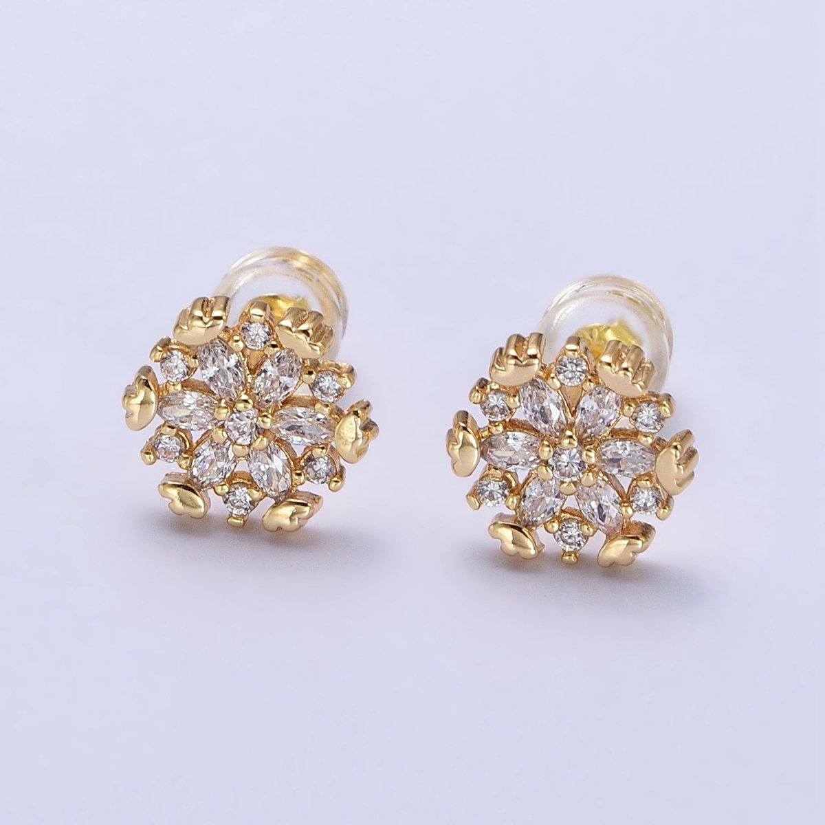 Gold, Silver Flower Snowflake Clear CZ Marquise Stud Earrings | AB372 AB373