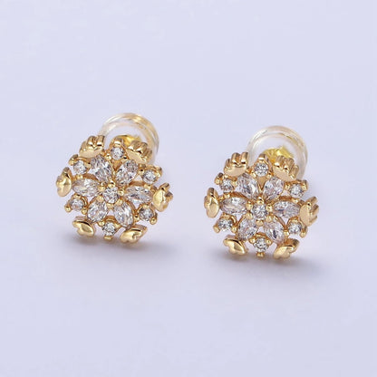 Gold, Silver Flower Snowflake Clear CZ Marquise Stud Earrings | AB372 AB373