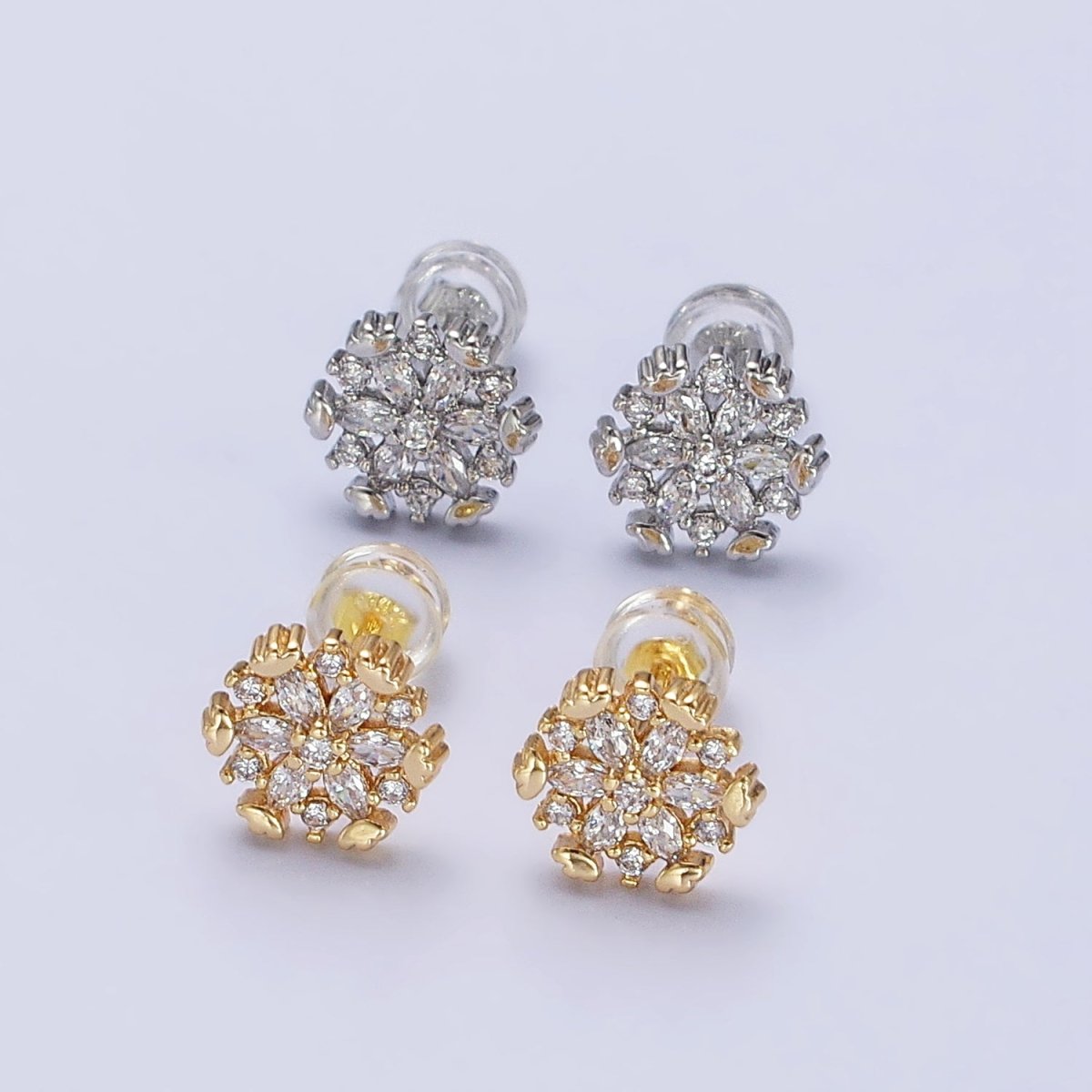 Gold, Silver Flower Snowflake Clear CZ Marquise Stud Earrings | AB372 AB373