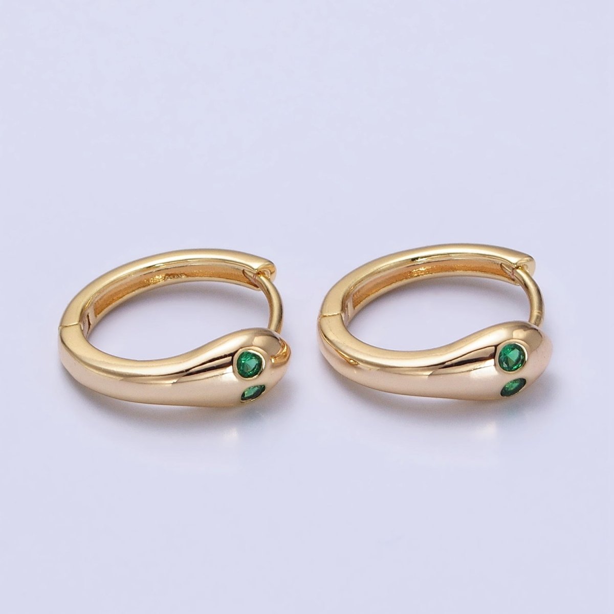 Gold, Silver Green-Eyed CZ Snake Serpent Minimalist Huggie Earrings | AB557 AB558