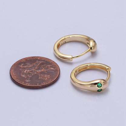 Gold, Silver Green-Eyed CZ Snake Serpent Minimalist Huggie Earrings | AB557 AB558