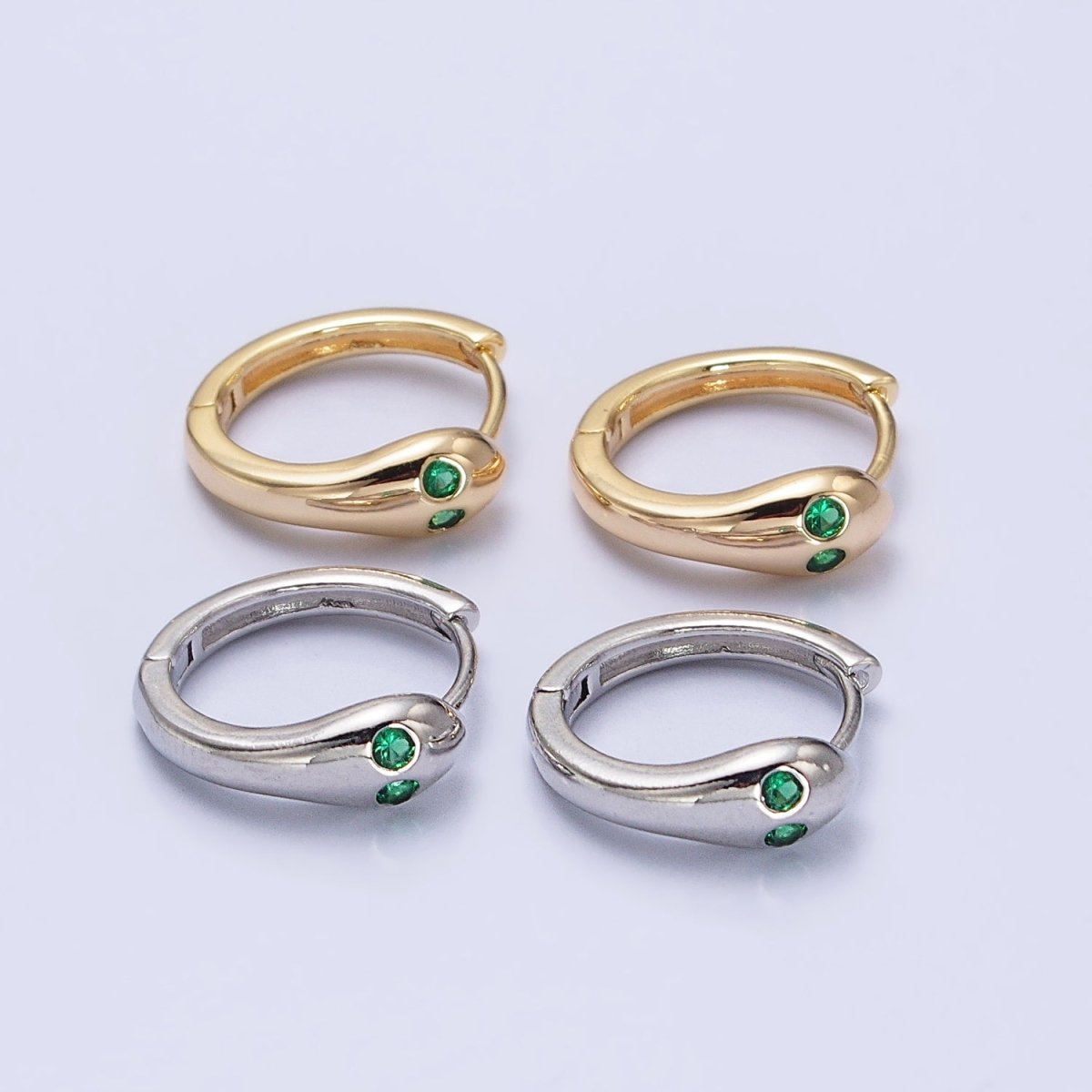 Gold, Silver Green-Eyed CZ Snake Serpent Minimalist Huggie Earrings | AB557 AB558