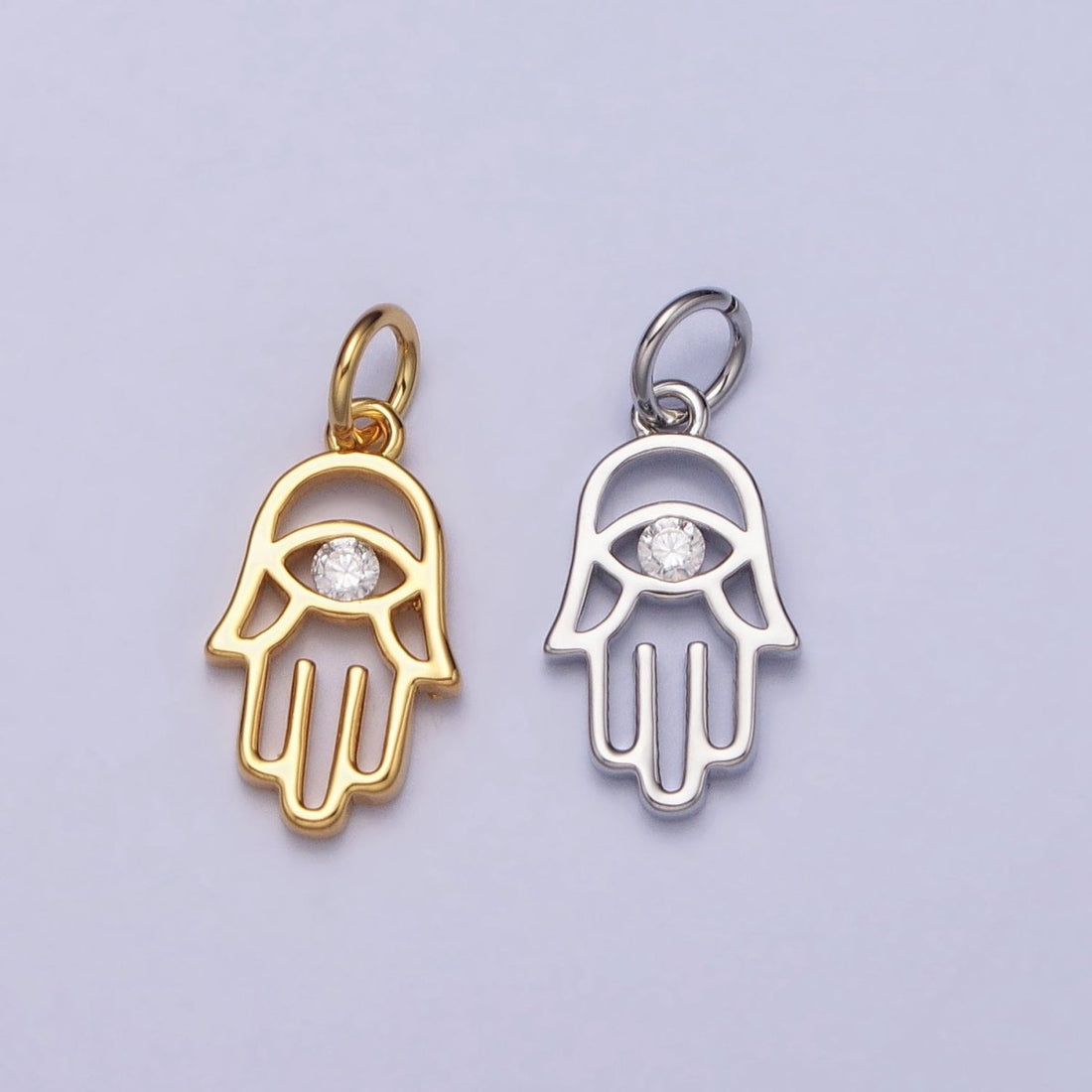 Gold, Silver Hamsa Hand Clear CZ Open Add-On Charm in Gold &amp; Silver | AC408 AC409