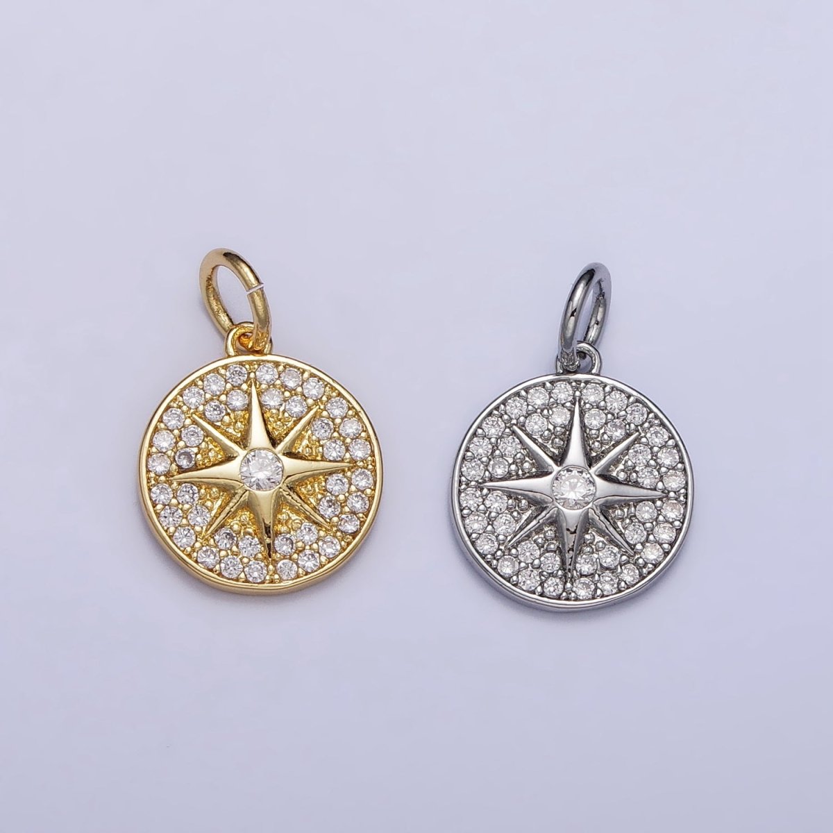 Gold, Silver Micro Paved Celestial North Star Round Coin Charm in Gold &amp; Silver | AC1003 AC1004