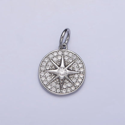 Gold, Silver Micro Paved Celestial North Star Round Coin Charm in Gold &amp; Silver | AC1003 AC1004