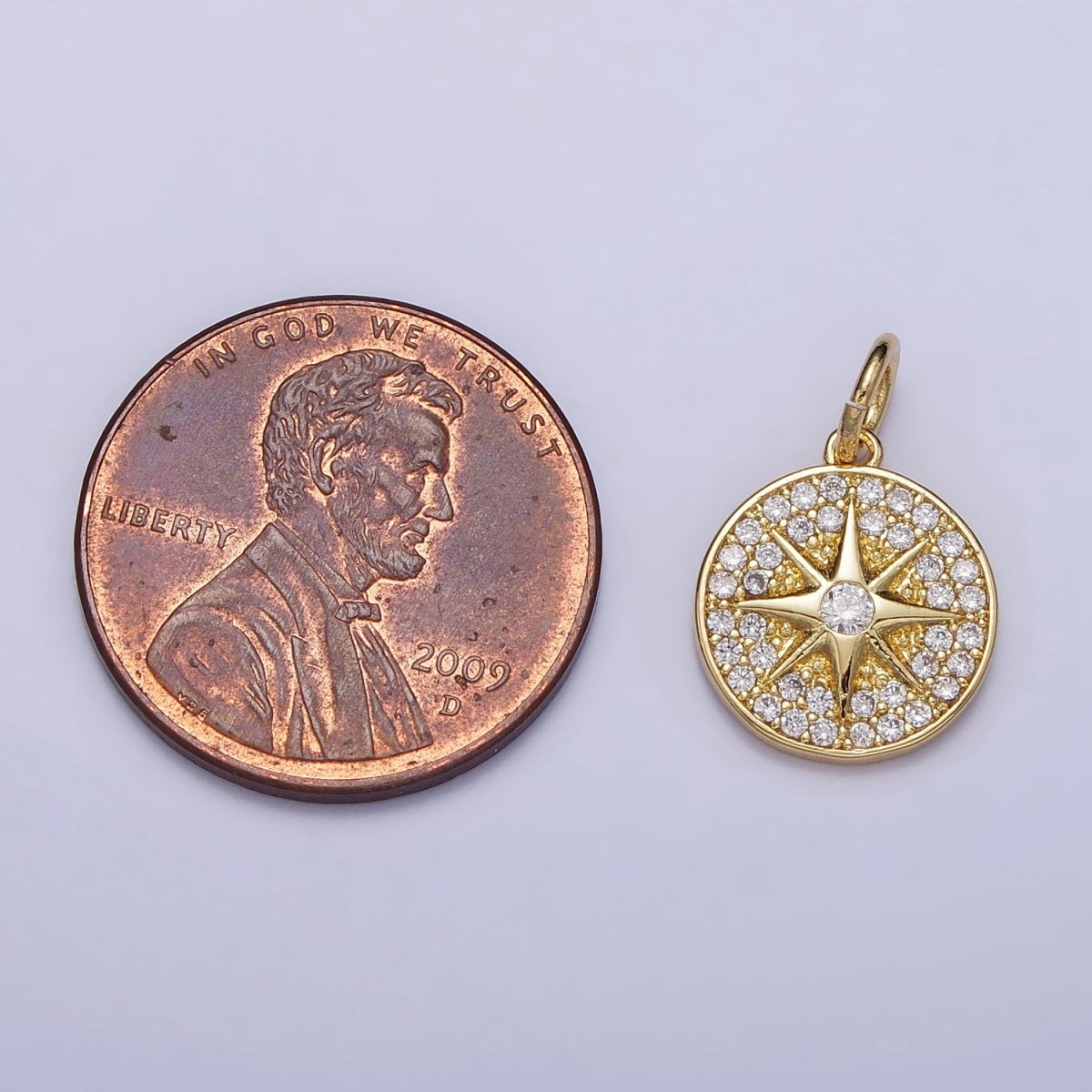 Gold, Silver Micro Paved Celestial North Star Round Coin Charm in Gold &amp; Silver | AC1003 AC1004