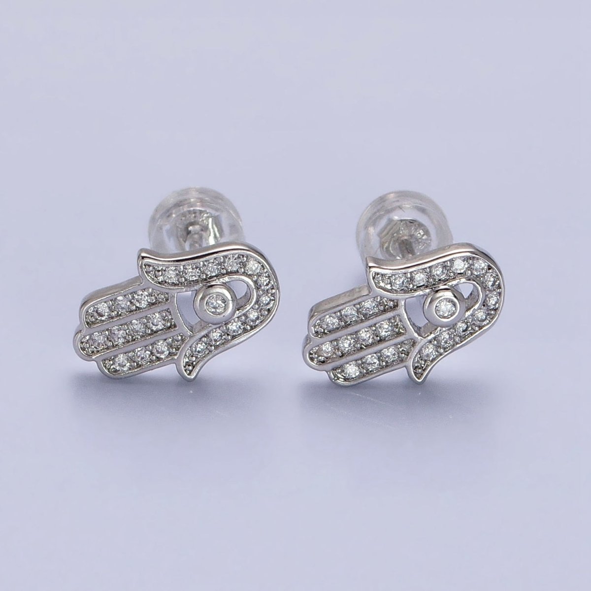 Gold, Silver Micro Paved Clear CZ Protection Hamsa Hand Evil Eye Stud Earrings | AB1012 AB1013
