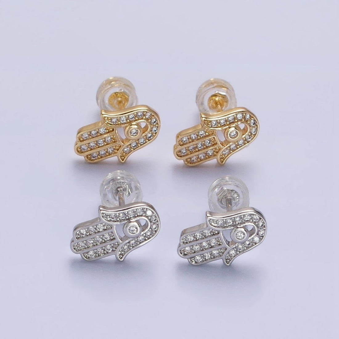 Gold, Silver Micro Paved Clear CZ Protection Hamsa Hand Evil Eye Stud Earrings | AB1012 AB1013