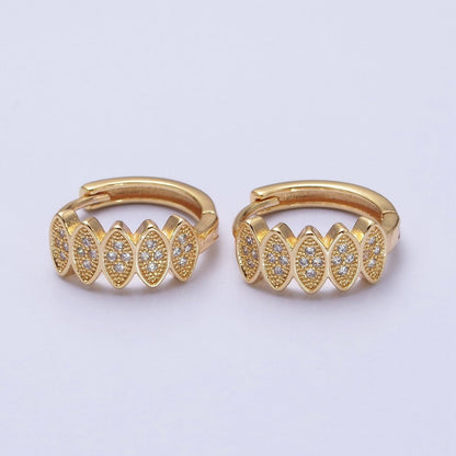 Gold, Silver Micro Paved CZ Marquise Geometric Lined 15mm Huggie Earrings | AB505 AB511