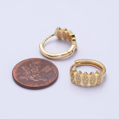 Gold, Silver Micro Paved CZ Marquise Geometric Lined 15mm Huggie Earrings | AB505 AB511