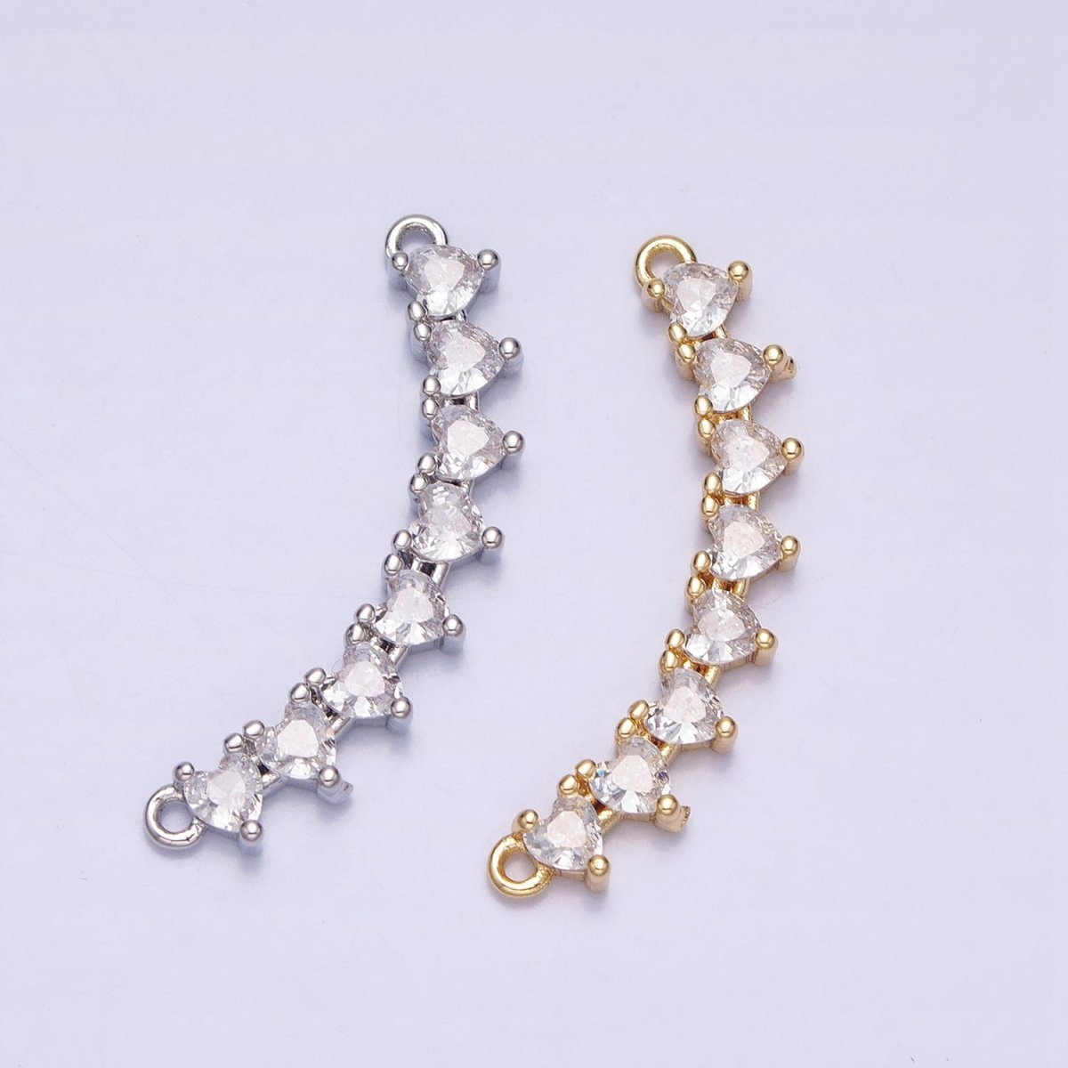 Gold, Silver Mini Clear Heart CZ Lined 27.5mm Curved Connector | Y-849