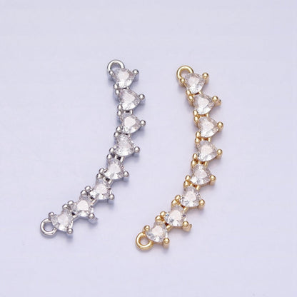 Gold, Silver Mini Clear Heart CZ Lined 27.5mm Curved Connector | Y-849