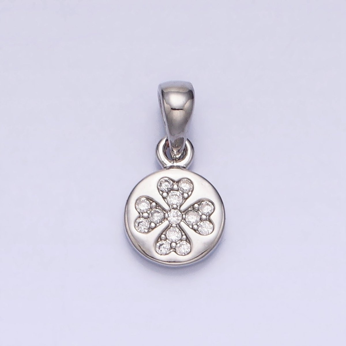 Gold, Silver Mini Micro Paved CZ Love Clover Quatrefoil 6.6mm Round Pendant | AA347 AA348