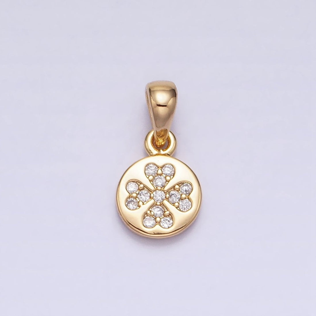 Gold, Silver Mini Micro Paved CZ Love Clover Quatrefoil 6.6mm Round Pendant | AA347 AA348