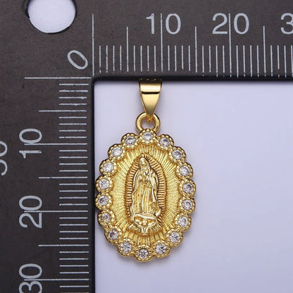 Gold, Silver Mother Mary Lady Guadalupe Lined Clear Round CZ Oval Pendant | AA393 AA406