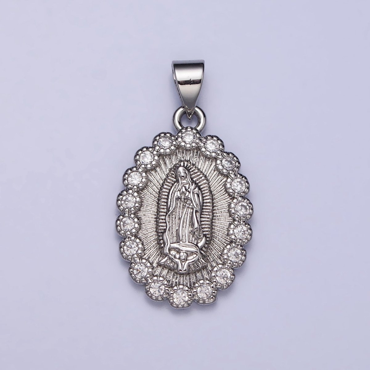 Gold, Silver Mother Mary Lady Guadalupe Lined Clear Round CZ Oval Pendant | AA393 AA406