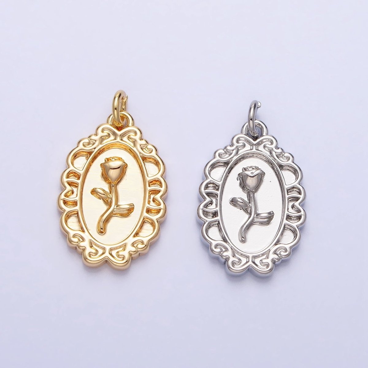 Gold, Silver Nature Rose Flower Oval Frame Charm in Gold &amp; Silver | AC-761 AC-762