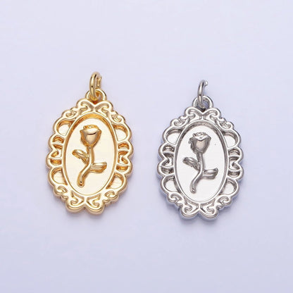 Gold, Silver Nature Rose Flower Oval Frame Charm in Gold &amp; Silver | AC-761 AC-762