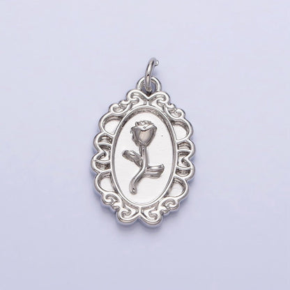 Gold, Silver Nature Rose Flower Oval Frame Charm in Gold &amp; Silver | AC-761 AC-762