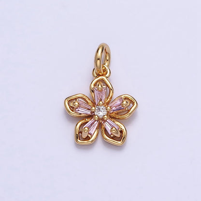 Gold, Silver Pink Baguette CZ Flower Petal Mini Add-On Charm | AC939 AC940
