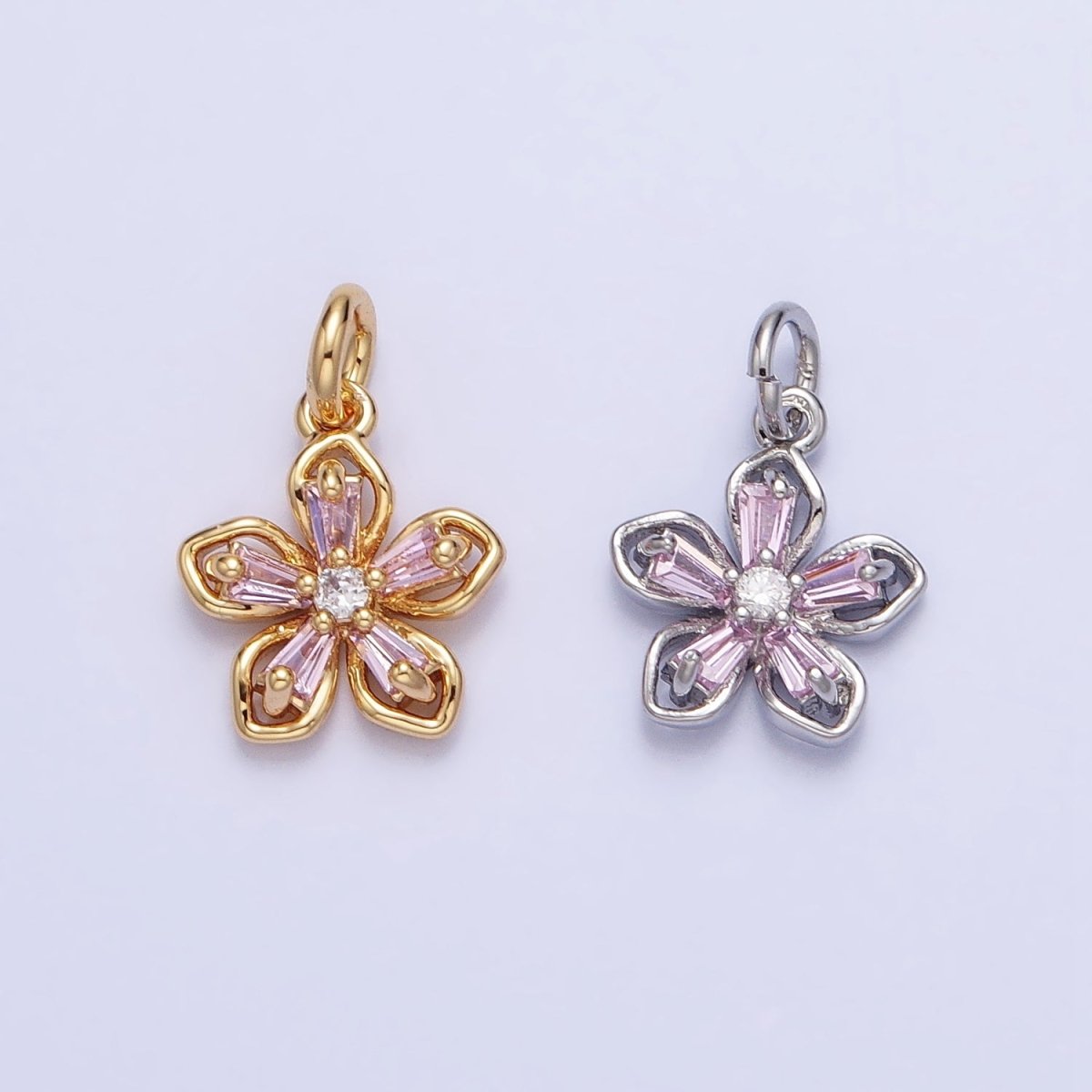 Gold, Silver Pink Baguette CZ Flower Petal Mini Add-On Charm | AC939 AC940