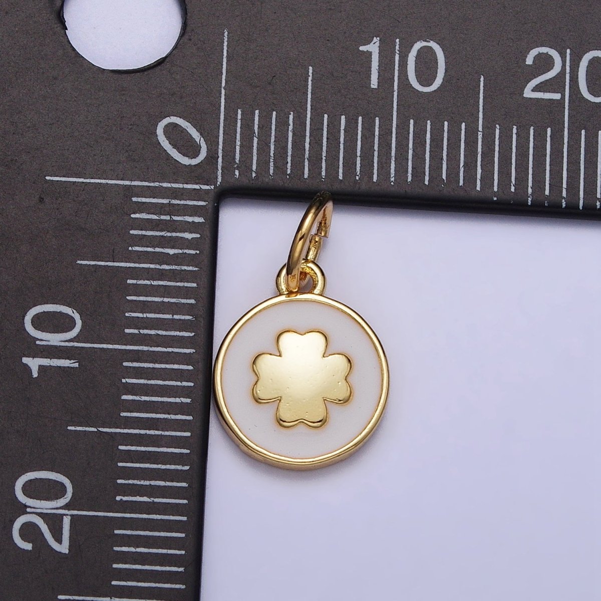 Gold, Silver Quatrefoil Clover White Enamel Round Coin Charm | AC1007 AC1008