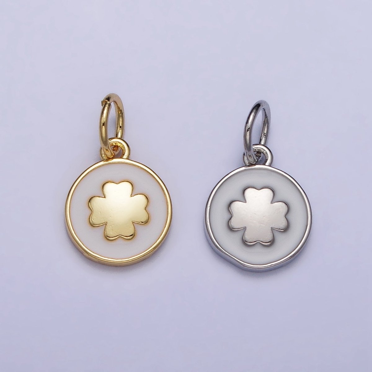 Gold, Silver Quatrefoil Clover White Enamel Round Coin Charm | AC1007 AC1008