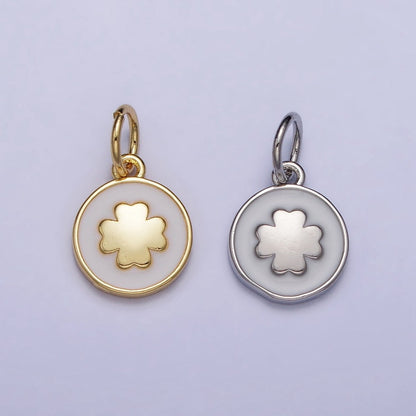 Gold, Silver Quatrefoil Clover White Enamel Round Coin Charm | AC1007 AC1008