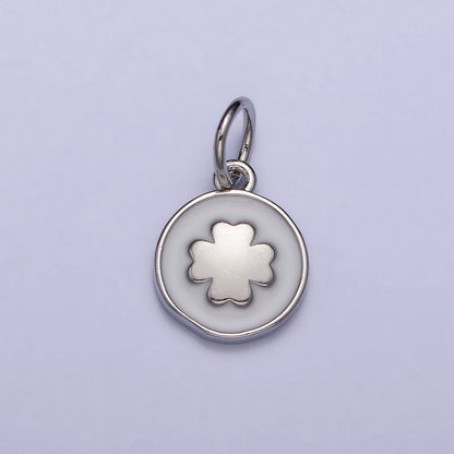 Gold, Silver Quatrefoil Clover White Enamel Round Coin Charm | AC1007 AC1008