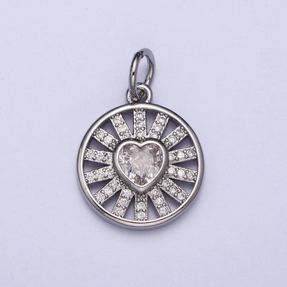 Gold, Silver Radiant Heart Clear CZ Micro Paved Bar Open Round Charm | AC974 AC1032