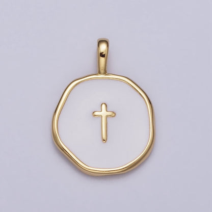 Gold, Silver Religious Latin Cross White Enamel Round Stamped Charm | AG-025 AC1139