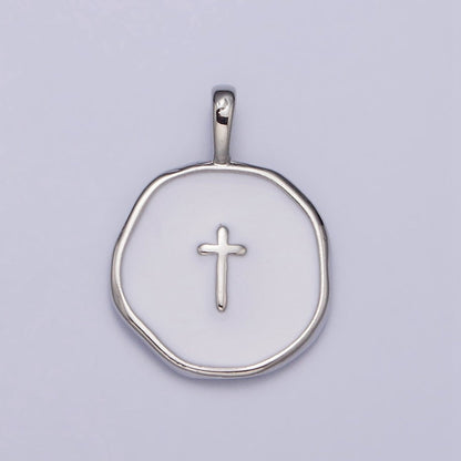 Gold, Silver Religious Latin Cross White Enamel Round Stamped Charm | AG-025 AC1139