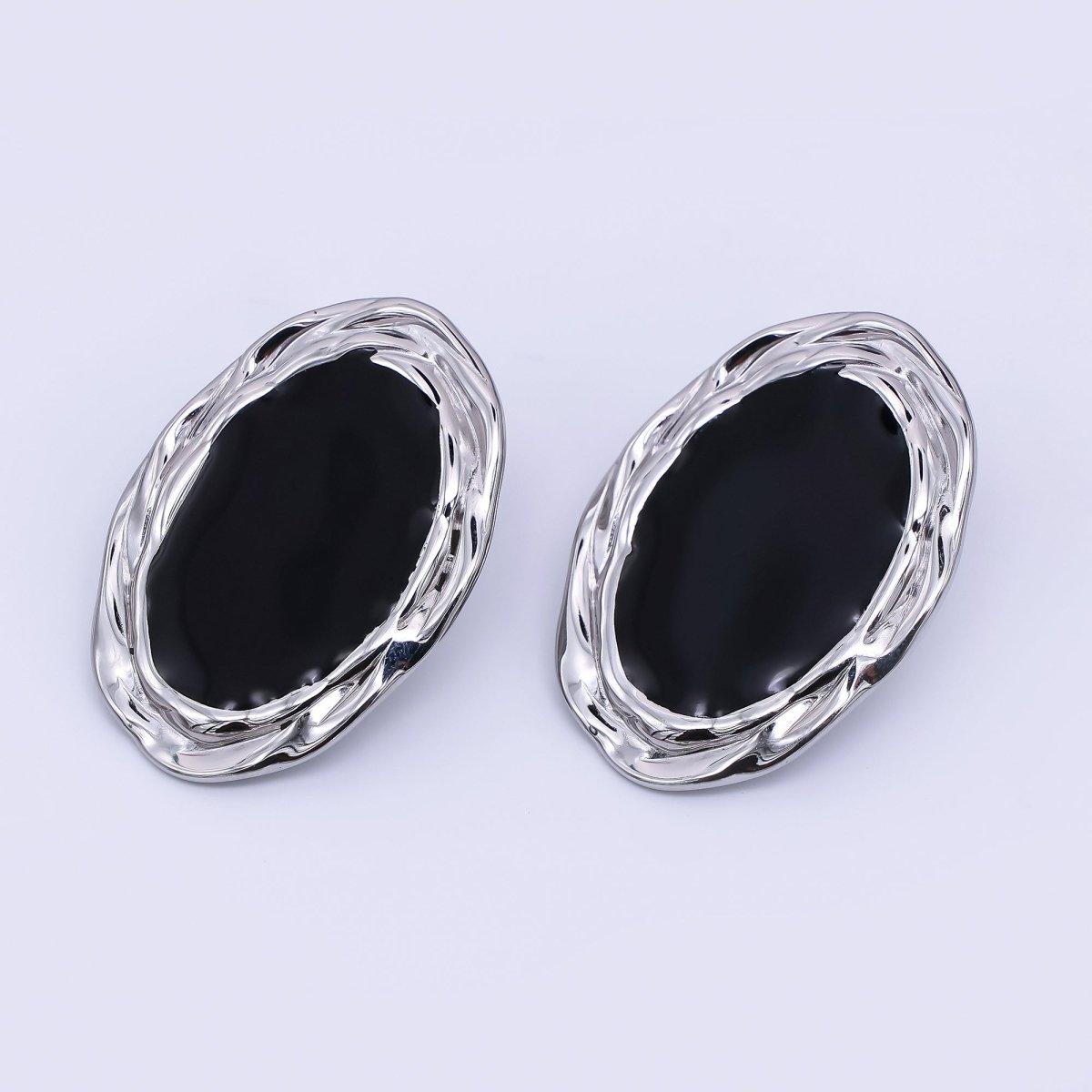 Gold, Silver Stainless Steel Black Enamel Oval Oblong Bezel Stud Earrings | AJ091 AJ092