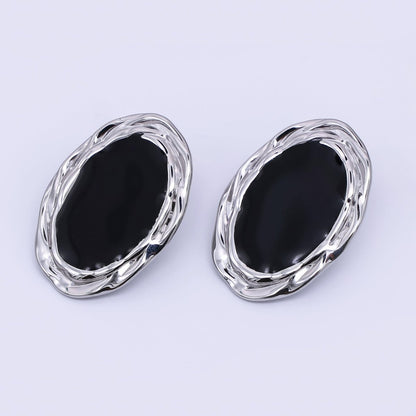Gold, Silver Stainless Steel Black Enamel Oval Oblong Bezel Stud Earrings | AJ091 AJ092