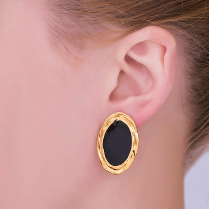 Gold, Silver Stainless Steel Black Enamel Oval Oblong Bezel Stud Earrings | AJ091 AJ092