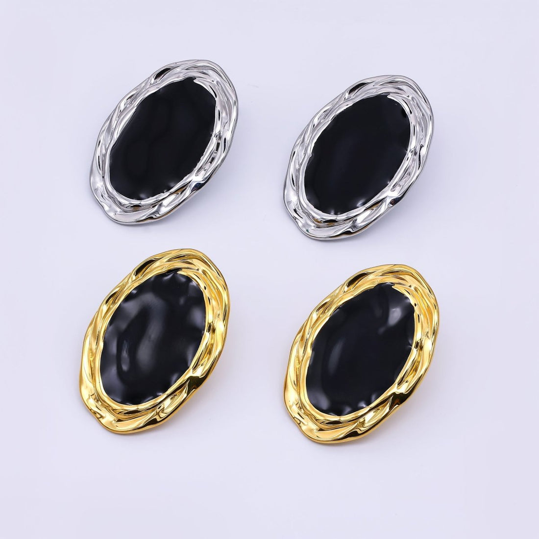 Gold, Silver Stainless Steel Black Enamel Oval Oblong Bezel Stud Earrings | AJ091 AJ092