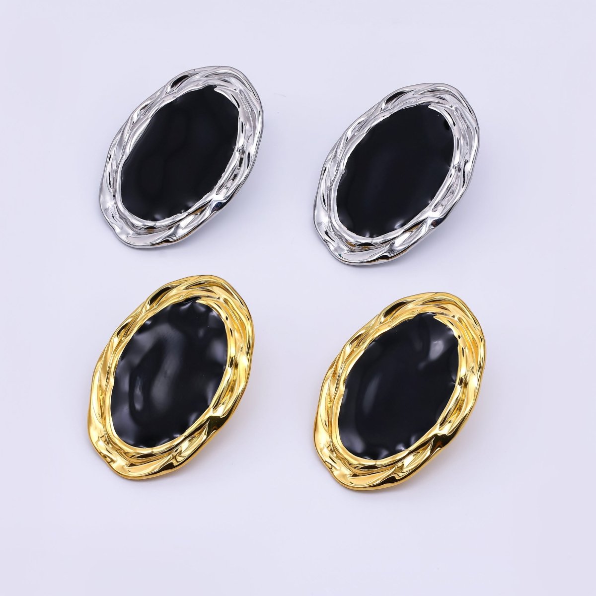 Gold, Silver Stainless Steel Black Enamel Oval Oblong Bezel Stud Earrings | AJ091 AJ092