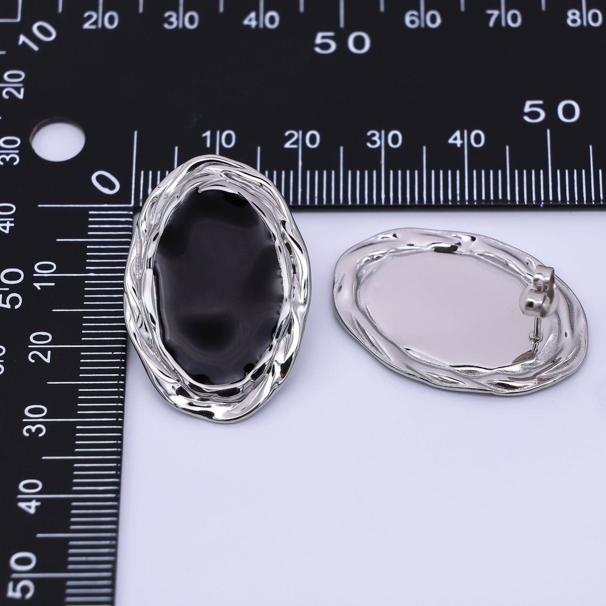 Gold, Silver Stainless Steel Black Enamel Oval Oblong Bezel Stud Earrings | AJ091 AJ092