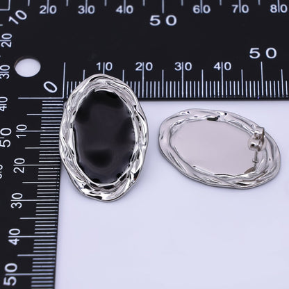 Gold, Silver Stainless Steel Black Enamel Oval Oblong Bezel Stud Earrings | AJ091 AJ092