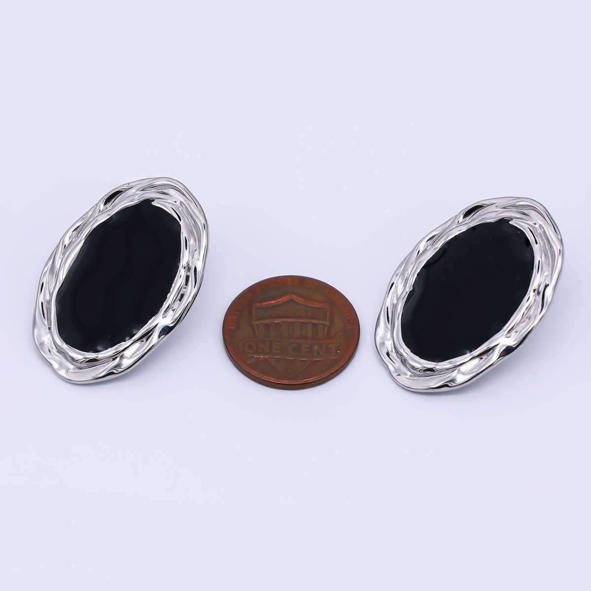Gold, Silver Stainless Steel Black Enamel Oval Oblong Bezel Stud Earrings | AJ091 AJ092