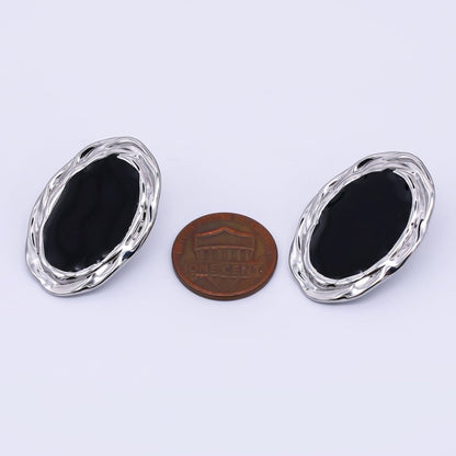 Gold, Silver Stainless Steel Black Enamel Oval Oblong Bezel Stud Earrings | AJ091 AJ092