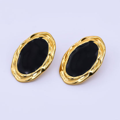 Gold, Silver Stainless Steel Black Enamel Oval Oblong Bezel Stud Earrings | AJ091 AJ092