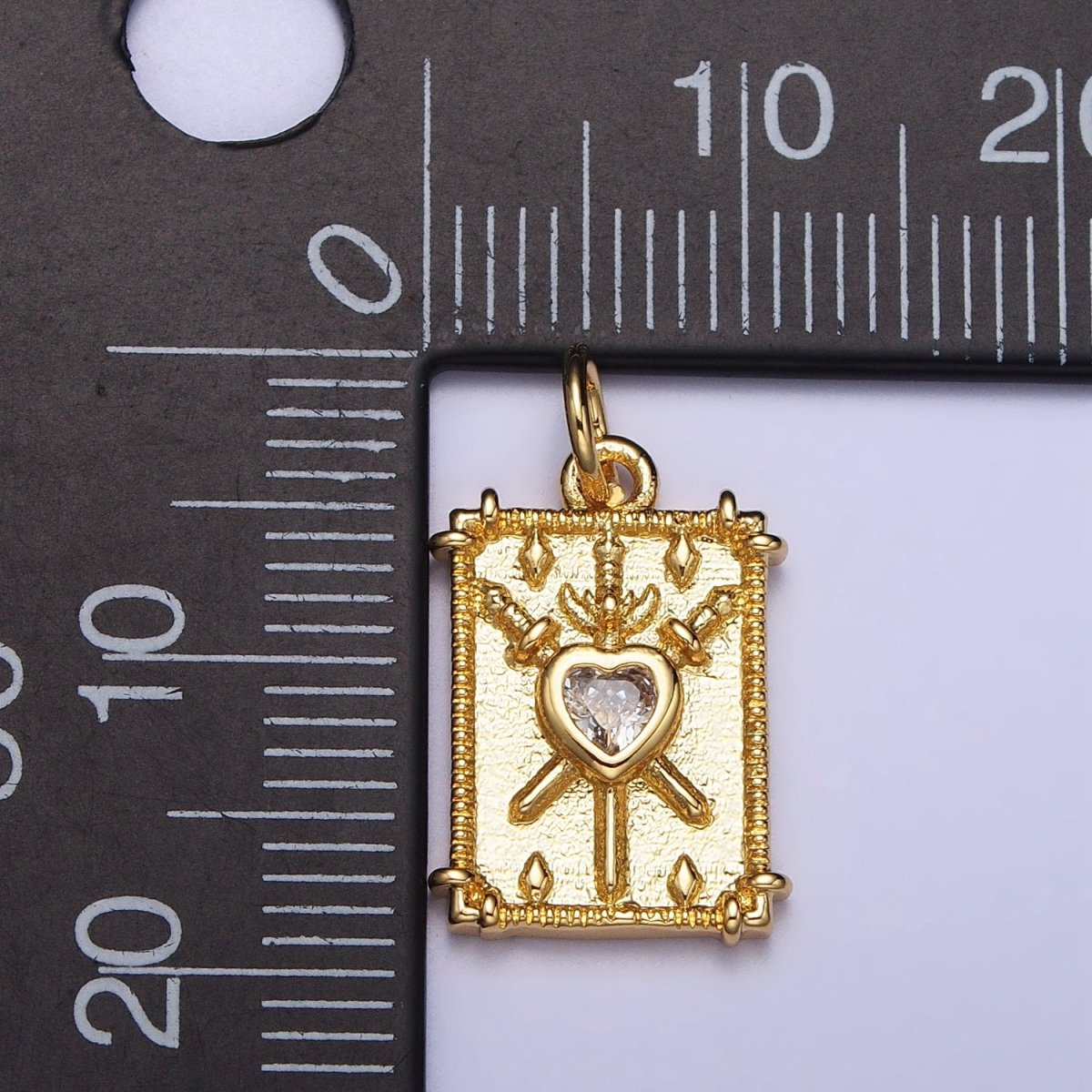 Gold, Silver Tarot "Three of Swords" Clear CZ Heart Rectangular Charm | AC997 AC998