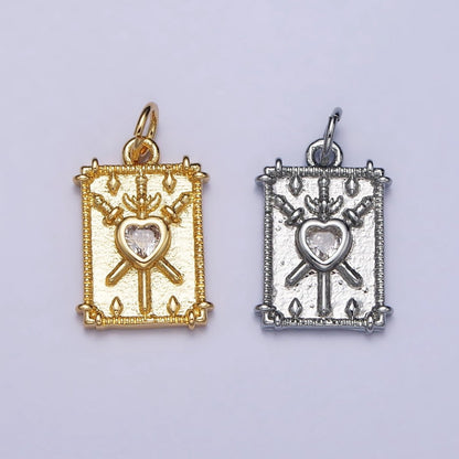 Gold, Silver Tarot "Three of Swords" Clear CZ Heart Rectangular Charm | AC997 AC998