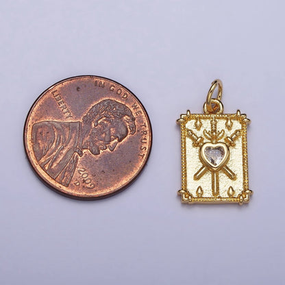 Gold, Silver Tarot "Three of Swords" Clear CZ Heart Rectangular Charm | AC997 AC998